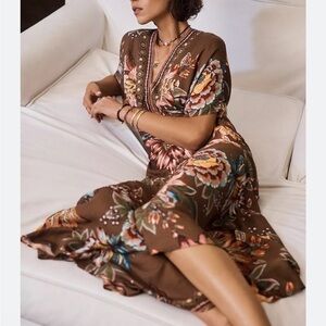 FARM Rio Anthropologie Small Brown Floral Maxi Dress